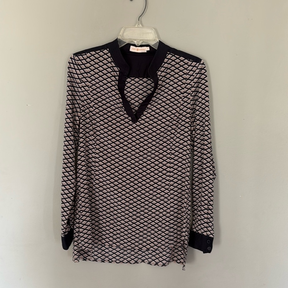 Tory Burch Silk Stretch Velda Navy Cream Diamond Tunic Size 6